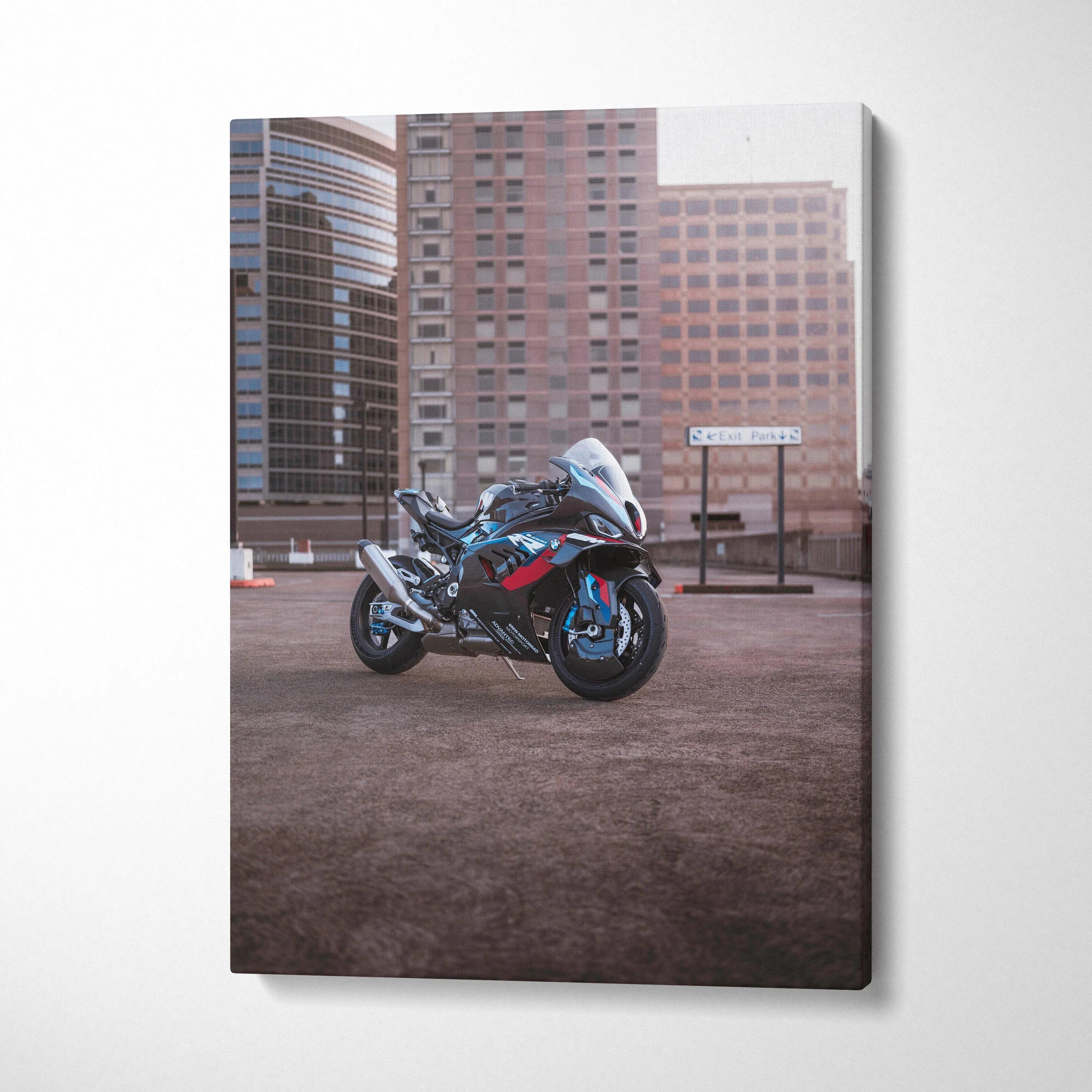 BMW M1000RR motorcycle canvas art with urban cityscape background, vertical wall art print.