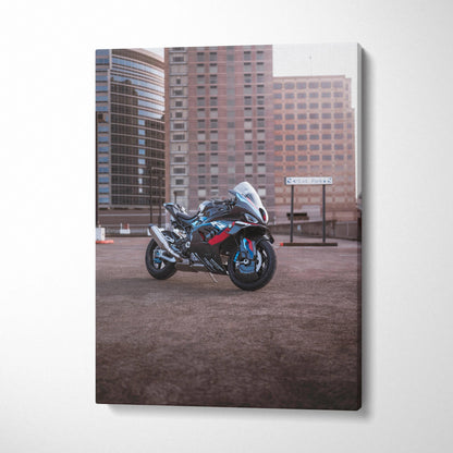 BMW M1000RR motorcycle canvas art with urban cityscape background, vertical wall art print.