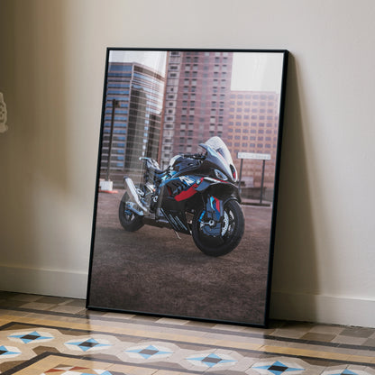 BMW M1000RR motorcycle poster with urban cityscape background, modern wall art print.