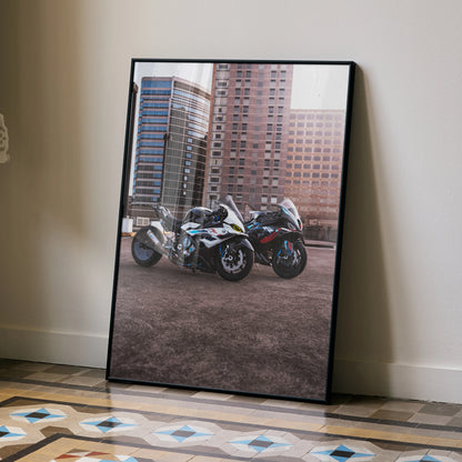 BMW M1000RR and S1000RR drag spec motorcycles wall art poster with urban city background.