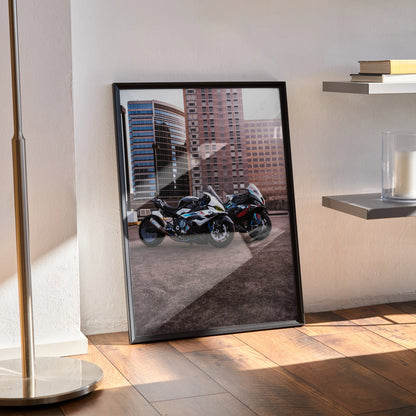 BMW M1000RR and S1000RR drag spec motorcycle poster framed as wall art in modern interior.