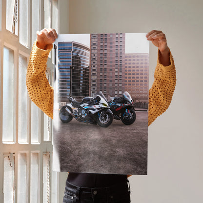 BMW M1000RR and S1000RR Drag Spec motorcycles poster showcasing sleek black and white bikes against urban backdrop wall art.
