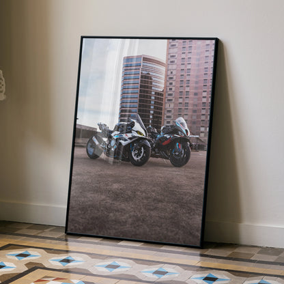 BMW M1000RR S1000RR Drag Spec motorcycle poster leaning against wall, urban background wall art.
