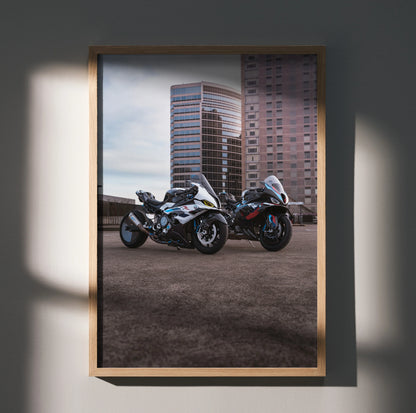 BMW M1000RR and S1000RR Drag Spec motorcycles poster with modern cityscape wall art.
