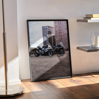 BMW M1000RR S1000RR Drag Spec motorcycle poster leaning against wall with sunlight on wood floor.