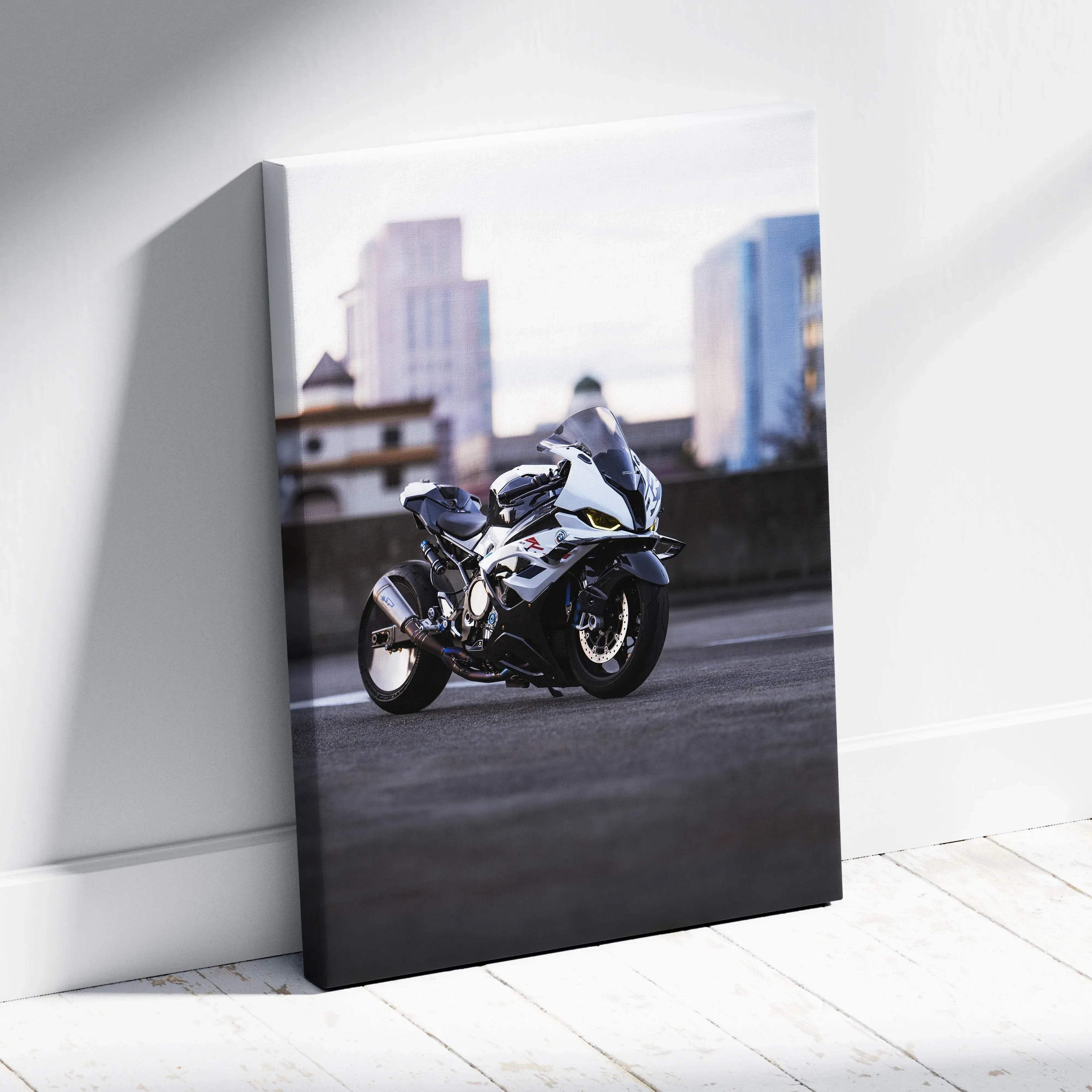 BMW S1000RR motorcycle canvas art with city skyline background, vertical wall art print.