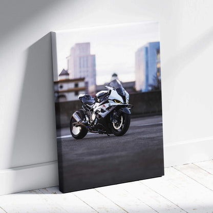 BMW S1000RR motorcycle canvas art with city skyline background, vertical wall art print.
