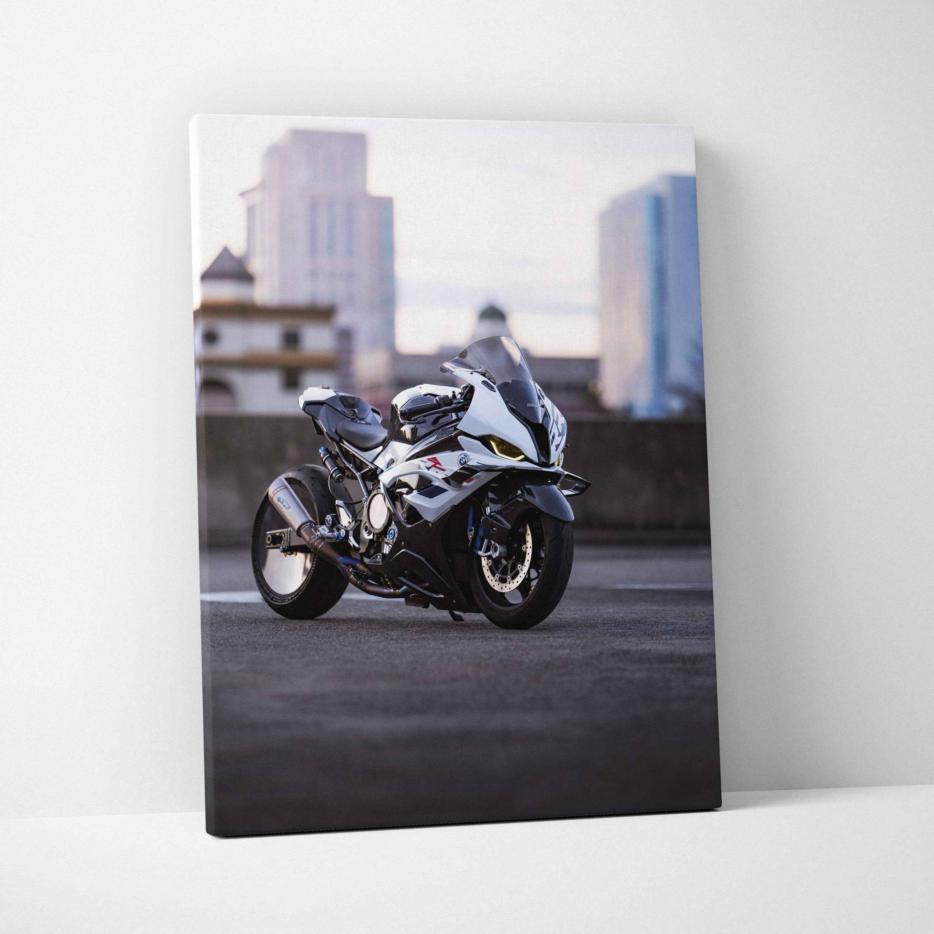 BMW S1000RR motorcycle printed on vertical high-resolution canvas wall art with city background.