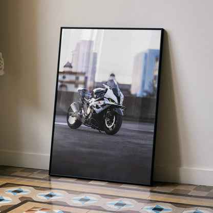 BMW S1000RR Drag Spec motorcycle poster leaning on wall, urban background wall art.