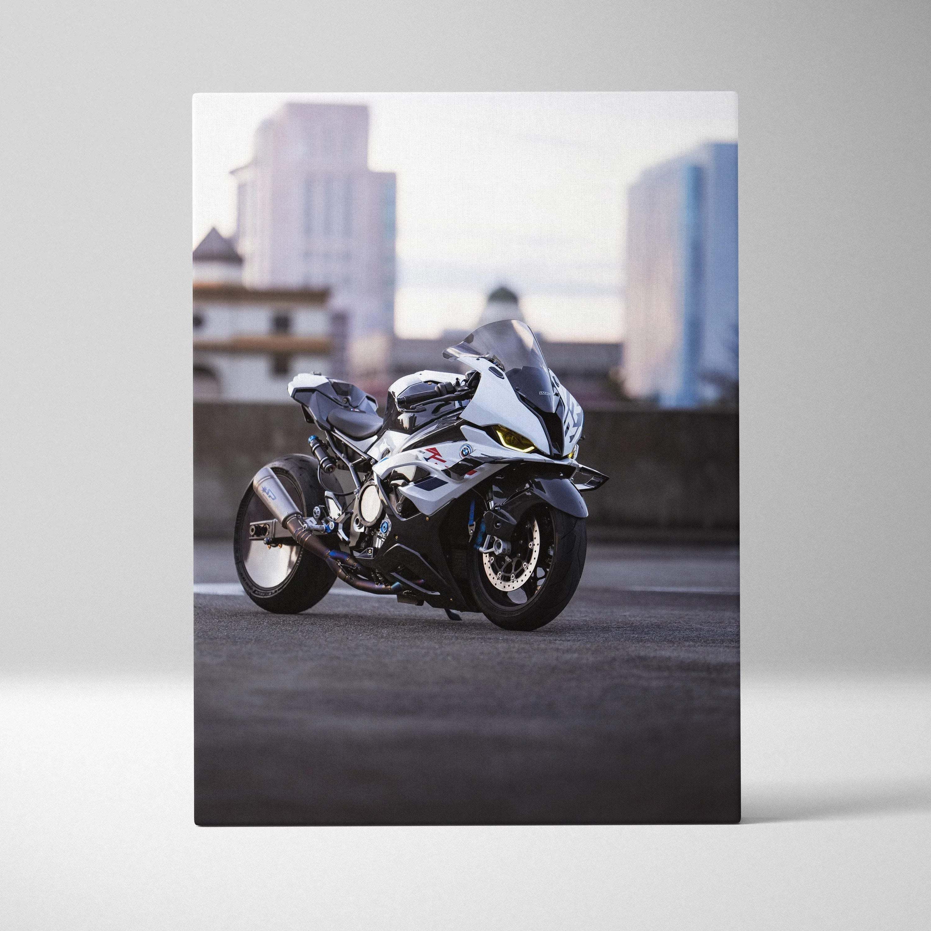 BMW S1000RR motorcycle canvas art with urban background, vertical wall art print.