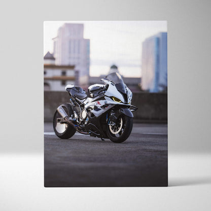 BMW S1000RR motorcycle canvas art with urban background, vertical wall art print.