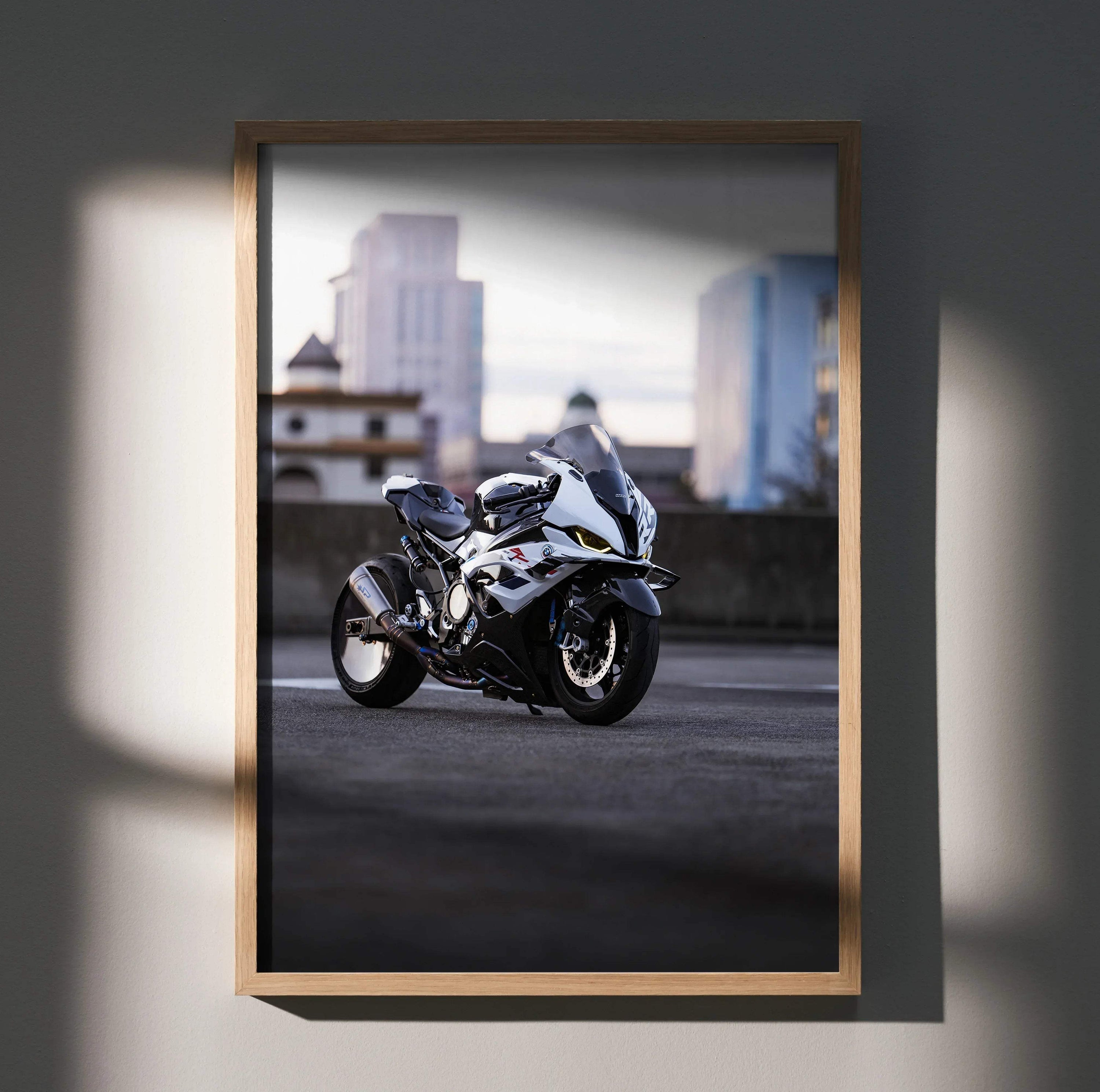 BMW S1000RR Drag Spec motorcycle poster wall art with cityscape background in wooden frame.