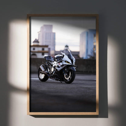 BMW S1000RR Drag Spec motorcycle poster wall art with cityscape background in wooden frame.