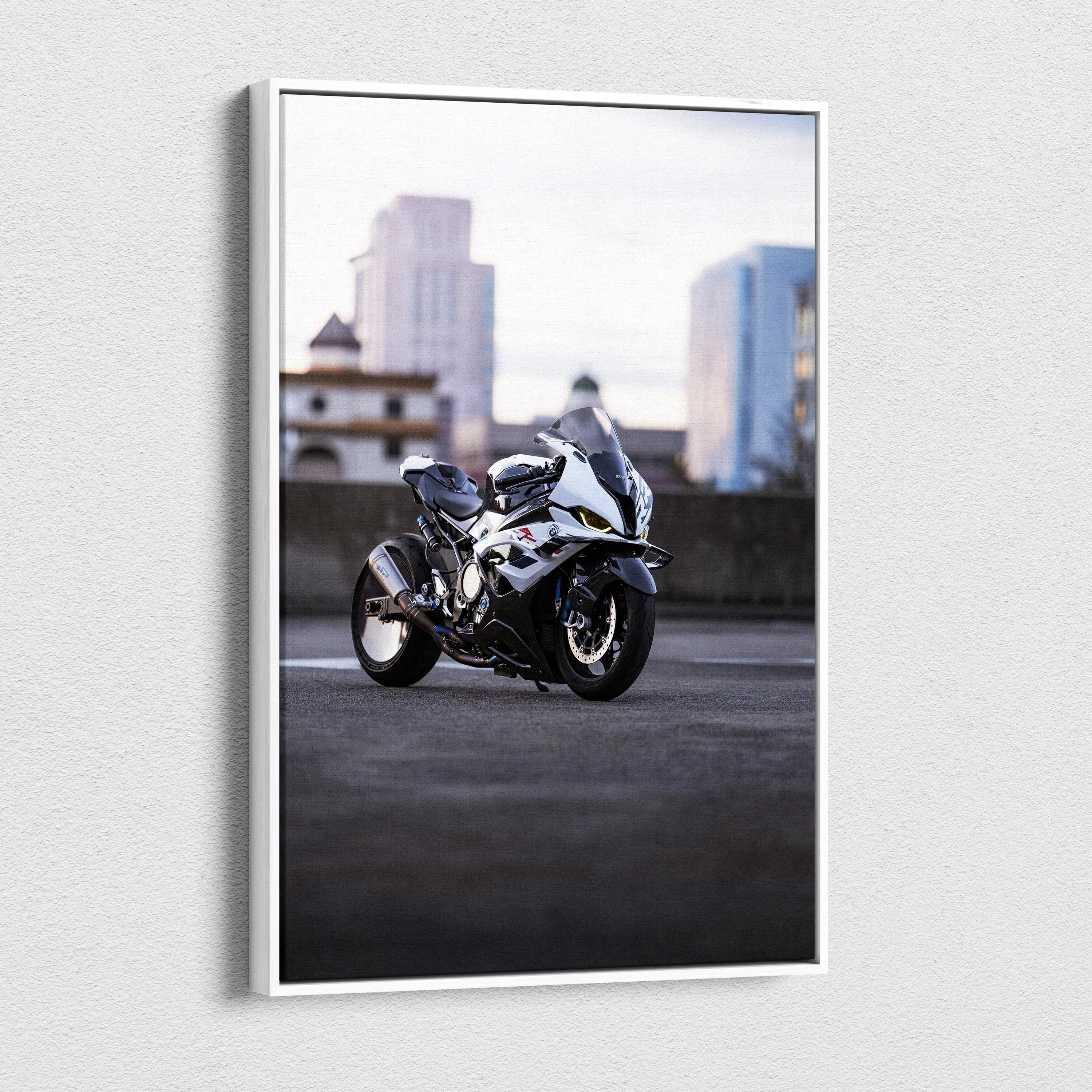 BMW S1000RR motorcycle canvas art with urban skyline background, vertical wall art print.