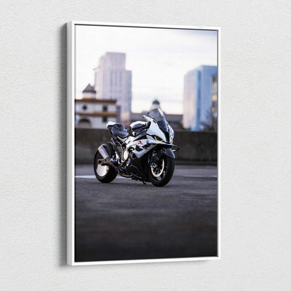 BMW S1000RR motorcycle canvas art with urban skyline background, vertical wall art print.