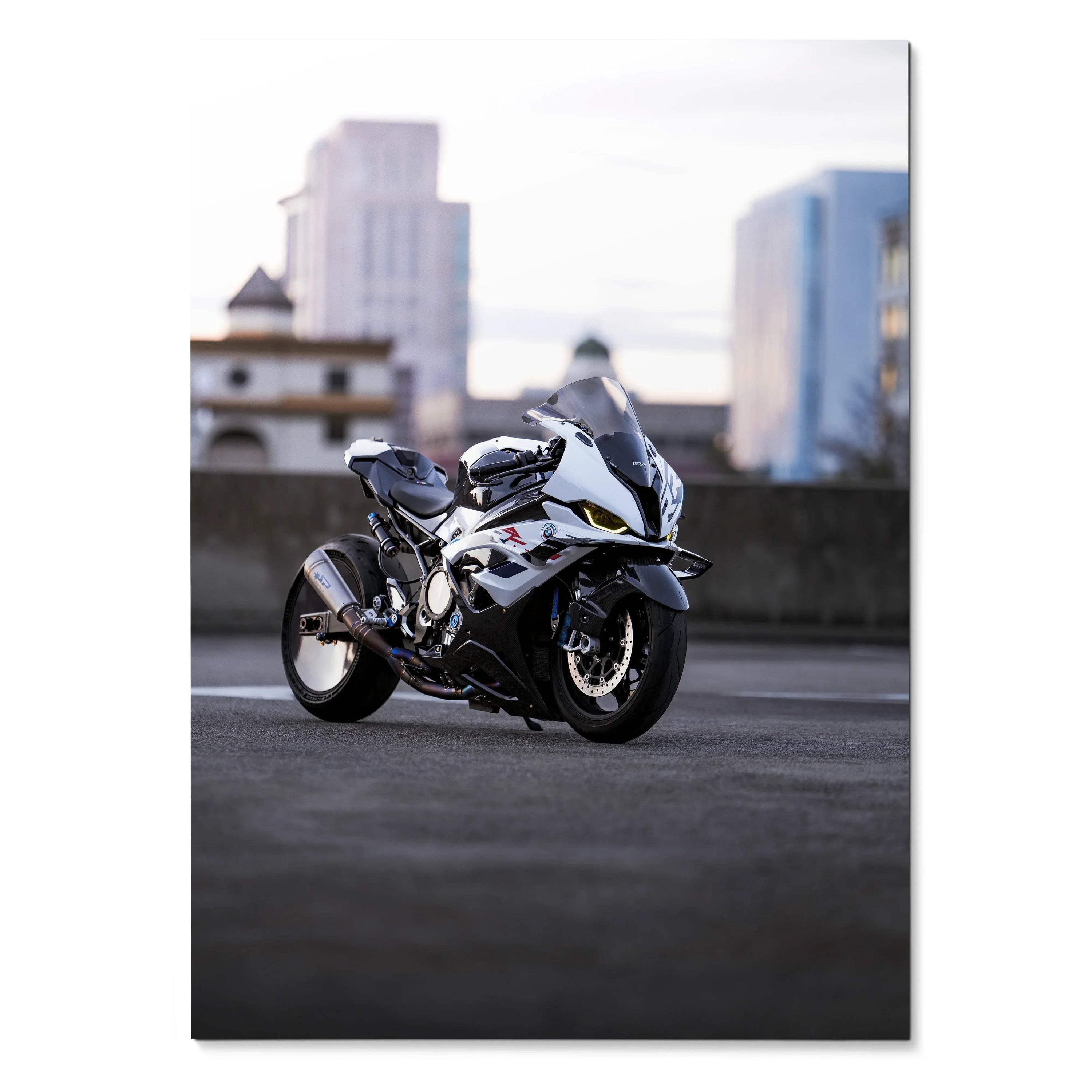 BMW S1000RR Drag Spec motorcycle poster with sleek white and black design, urban background wall art.