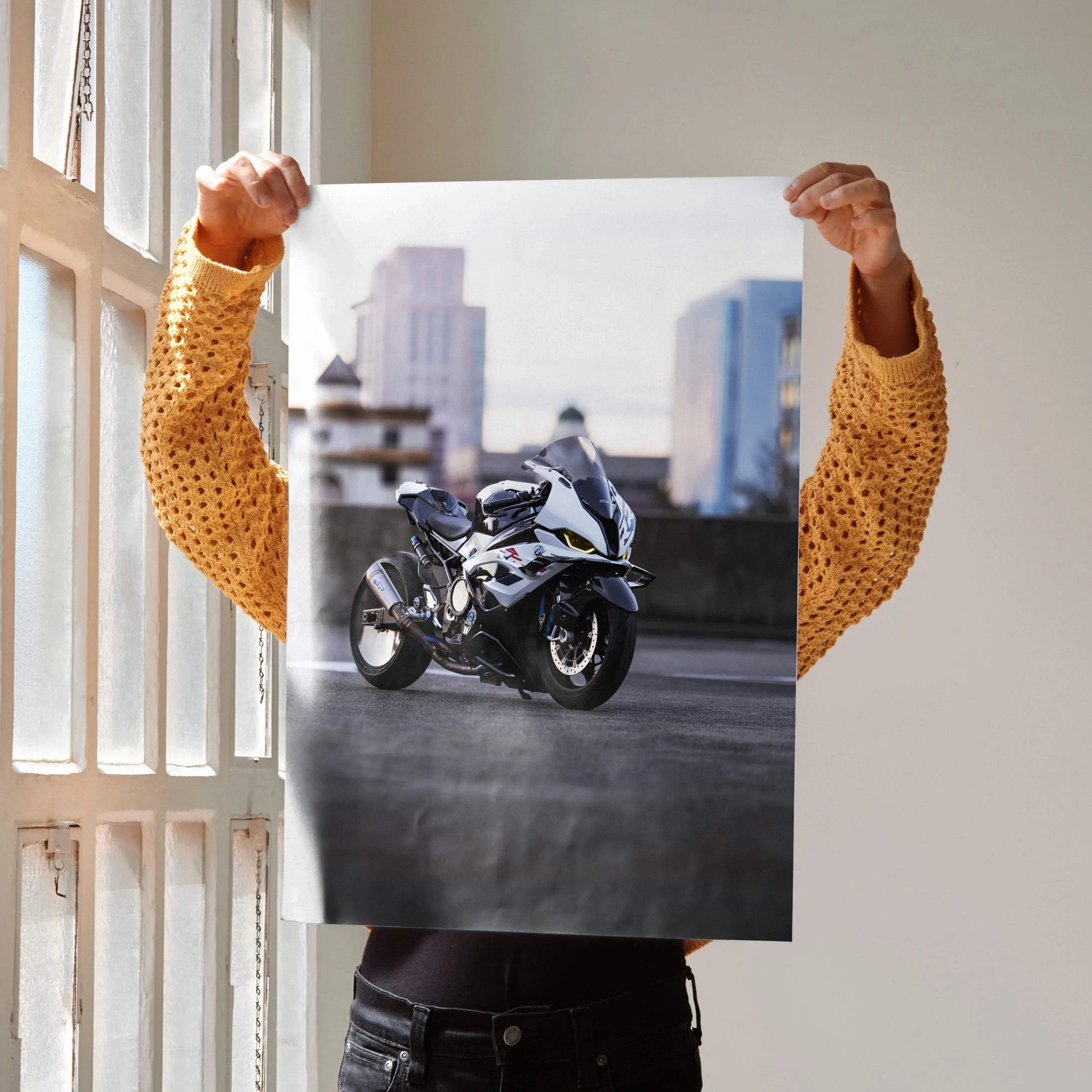 BMW S1000RR Drag Spec motorcycle poster with urban background, sleek wall art print.