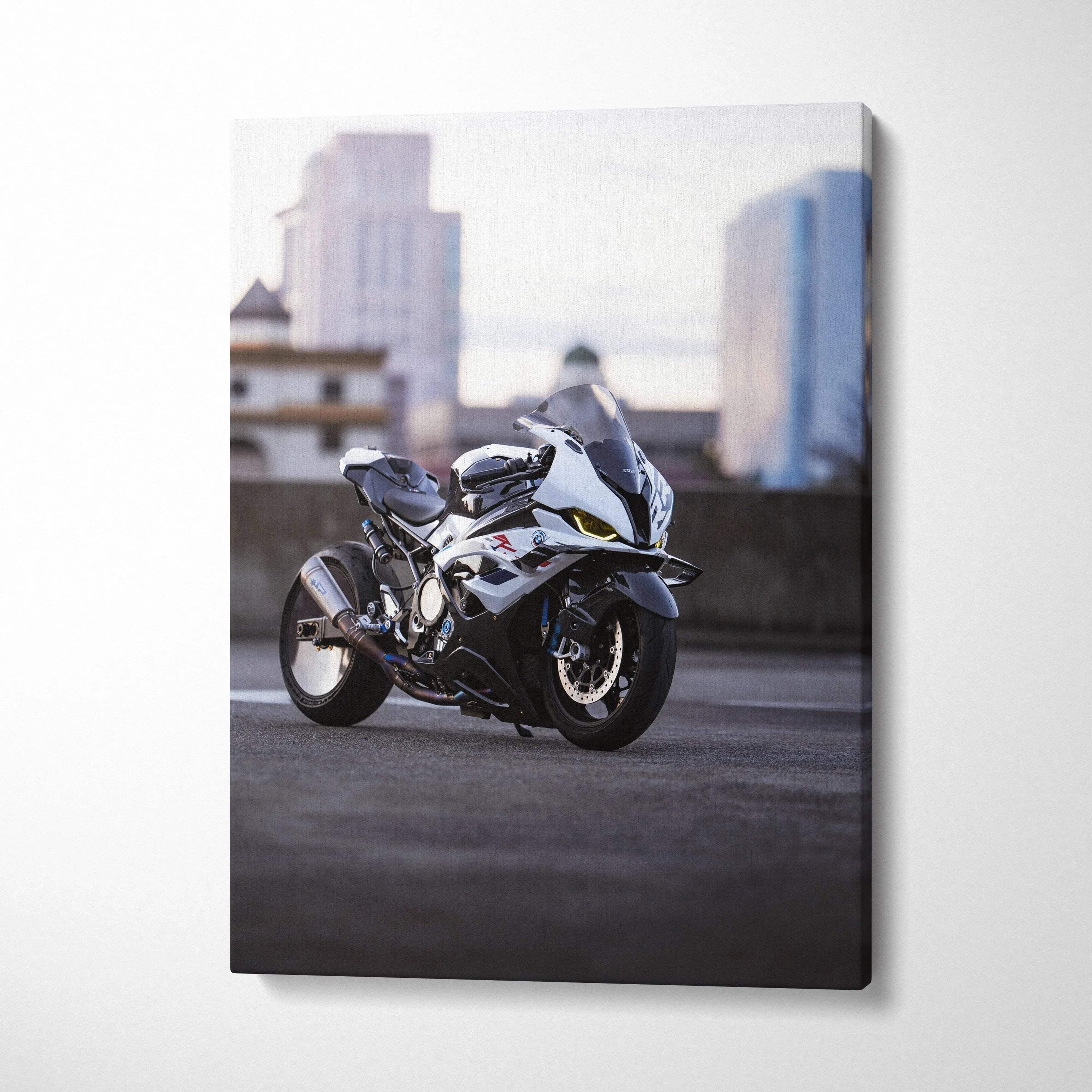 BMW S1000RR motorcycle canvas art with urban background, high-resolution vertical wall art.
