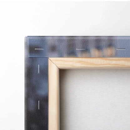 Close-up of wooden frame and stapled canvas edge showing high-quality museum-grade canvas art wall art material.