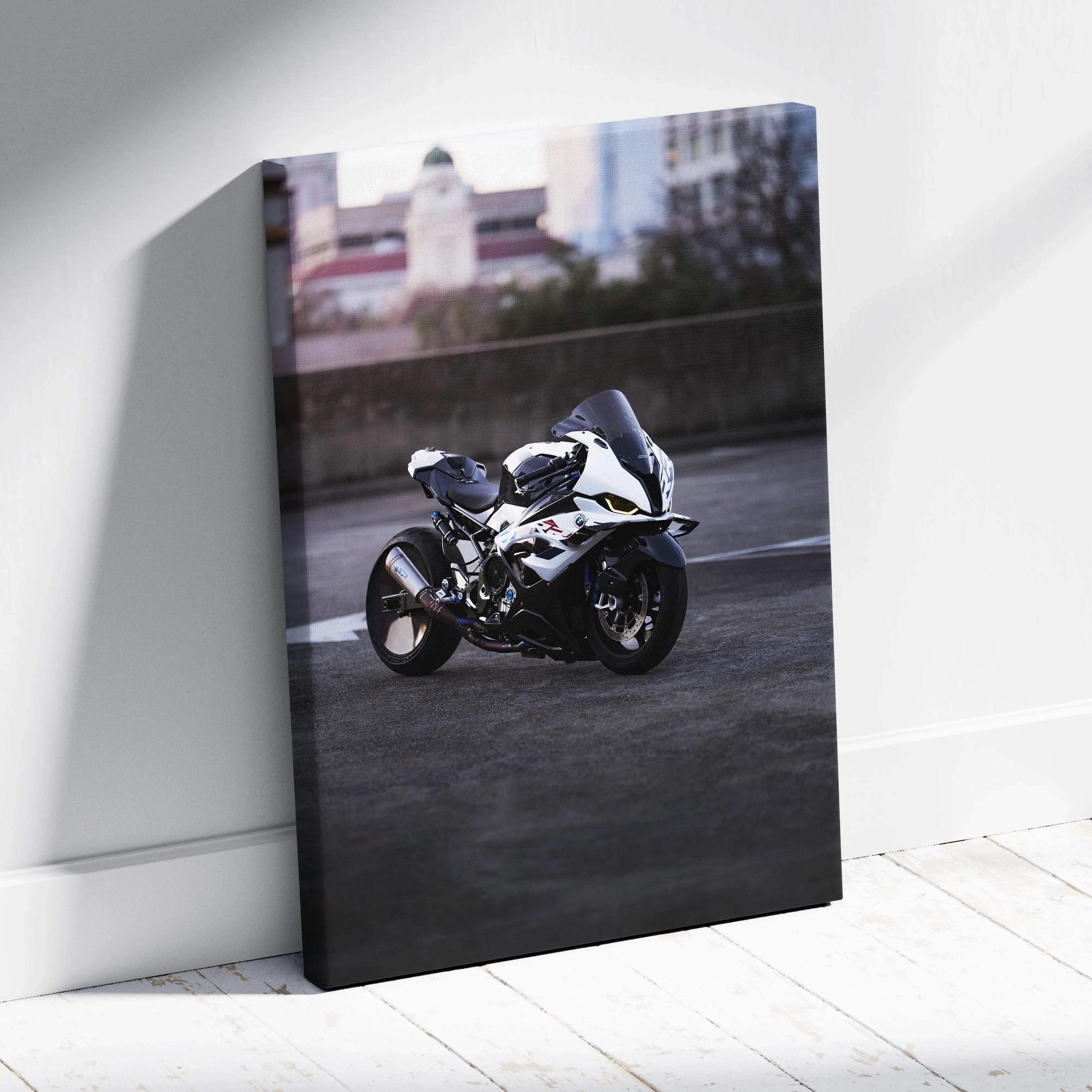BMW S1000RR motorcycle canvas art with urban background, vertical wall art print.