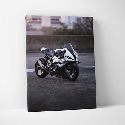 BMW S1000RR motorcycle canvas art with cityscape background, vertical wall art print.