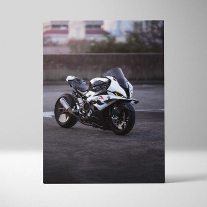 BMW S1000RR motorcycle canvas art on vertical wall art with sharp details and urban background.