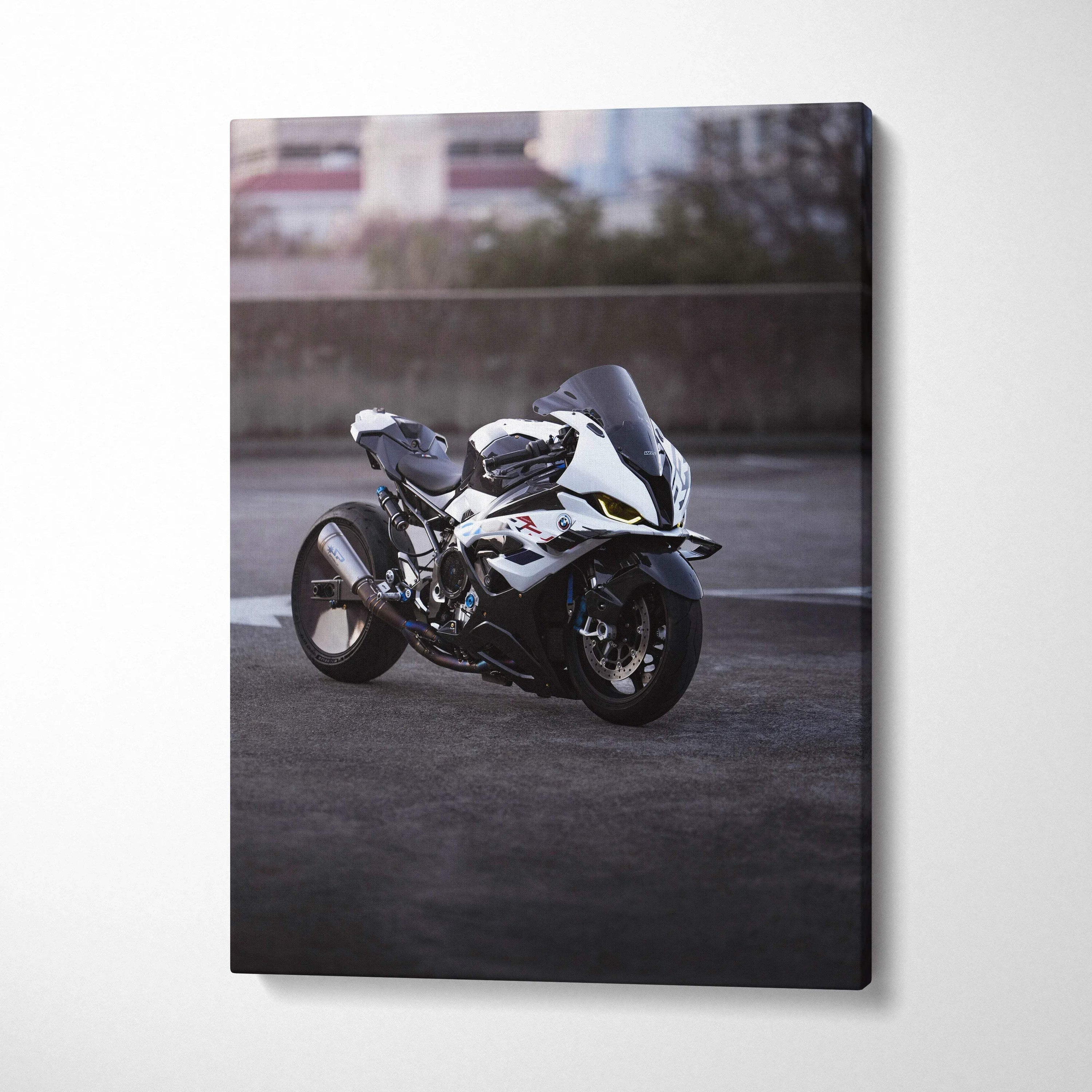 Vertical canvas wall art featuring a high-resolution BMW S1000RR motorcycle in white and black.