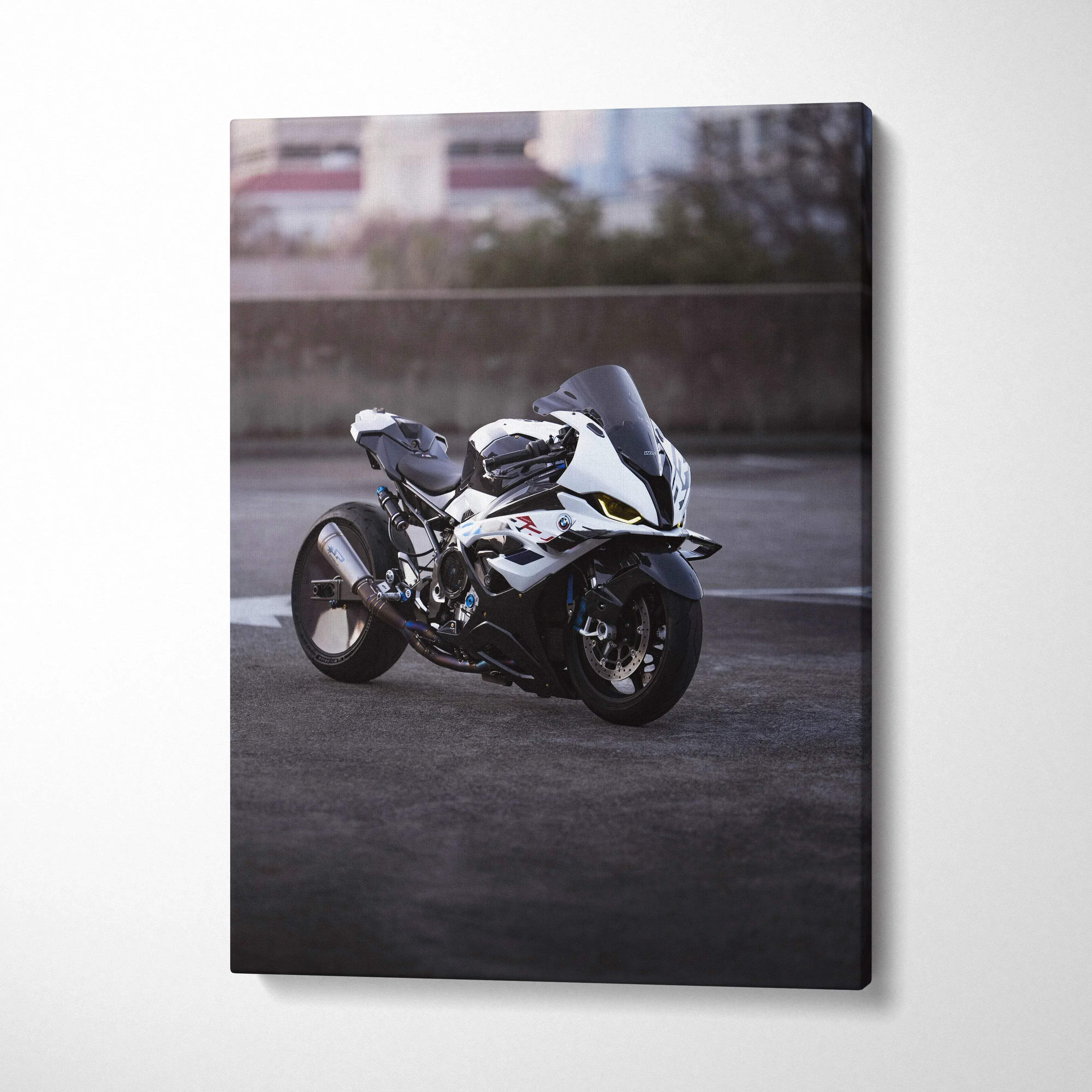 Vertical canvas wall art featuring a high-resolution BMW S1000RR motorcycle in white and black.