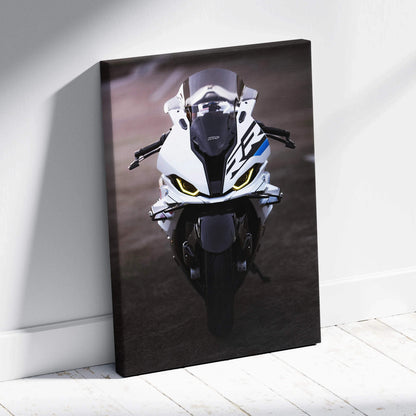 BMW S1000RR motorcycle front view printed on vertical canvas wall art with high detail.