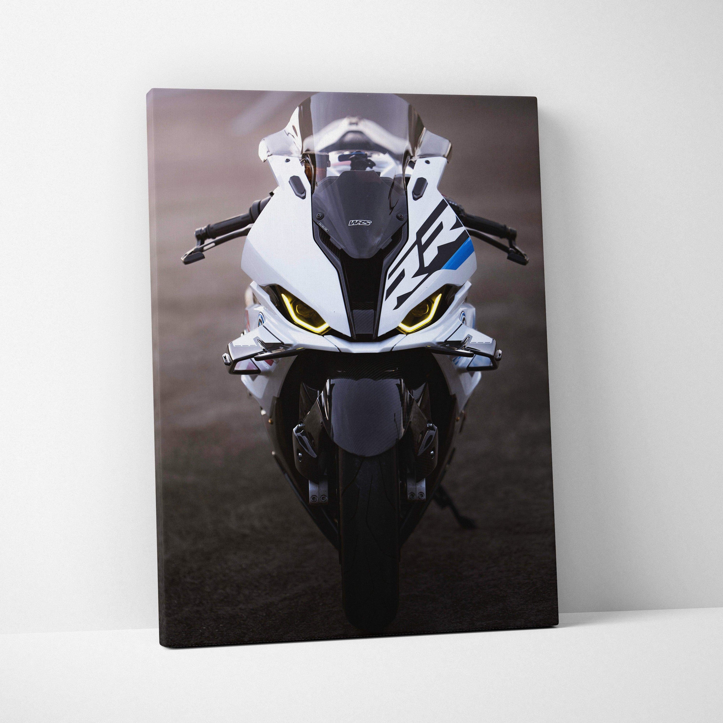 Vertical canvas art of BMW S1000RR motorcycle front view with sharp white and black design.