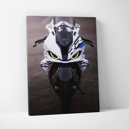 Vertical canvas art of BMW S1000RR motorcycle front view with sharp white and black design.