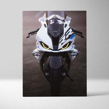 BMW S1000RR front view canvas art with sharp headlights and sleek white and black design.