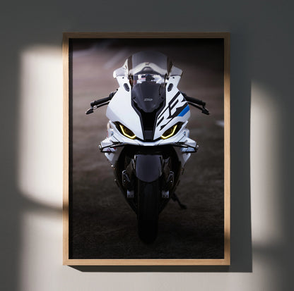 BMW S1000RR Drag Spec motorcycle poster with sharp white and black design, yellow headlight accents wall art.