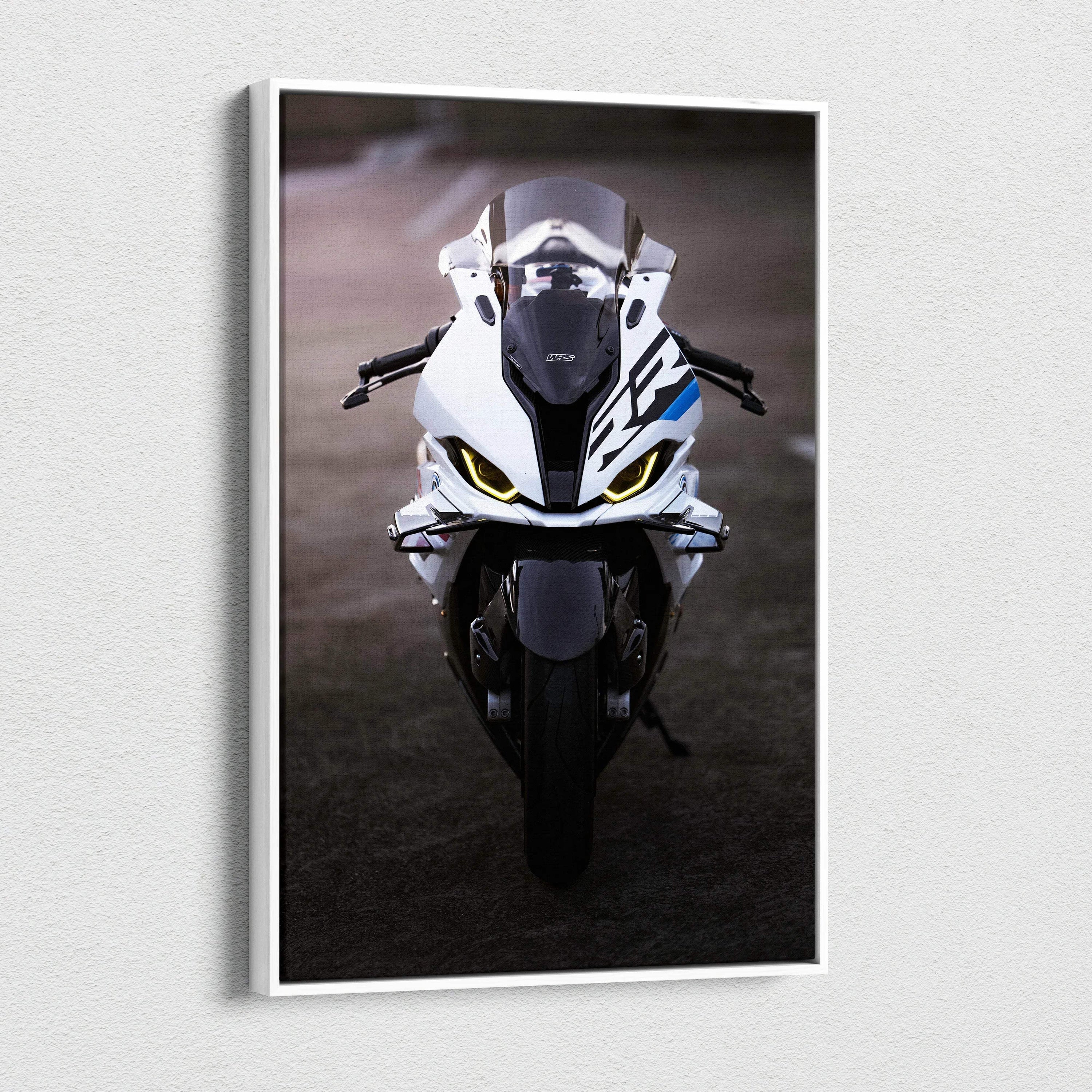 BMW S1000RR motorcycle front view high-resolution canvas art wall decor in vertical format.