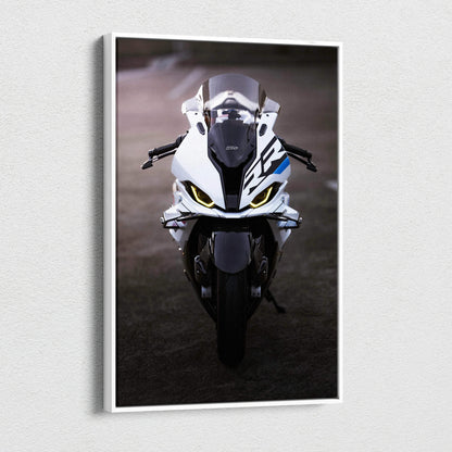 BMW S1000RR motorcycle front view high-resolution canvas art wall decor in vertical format.