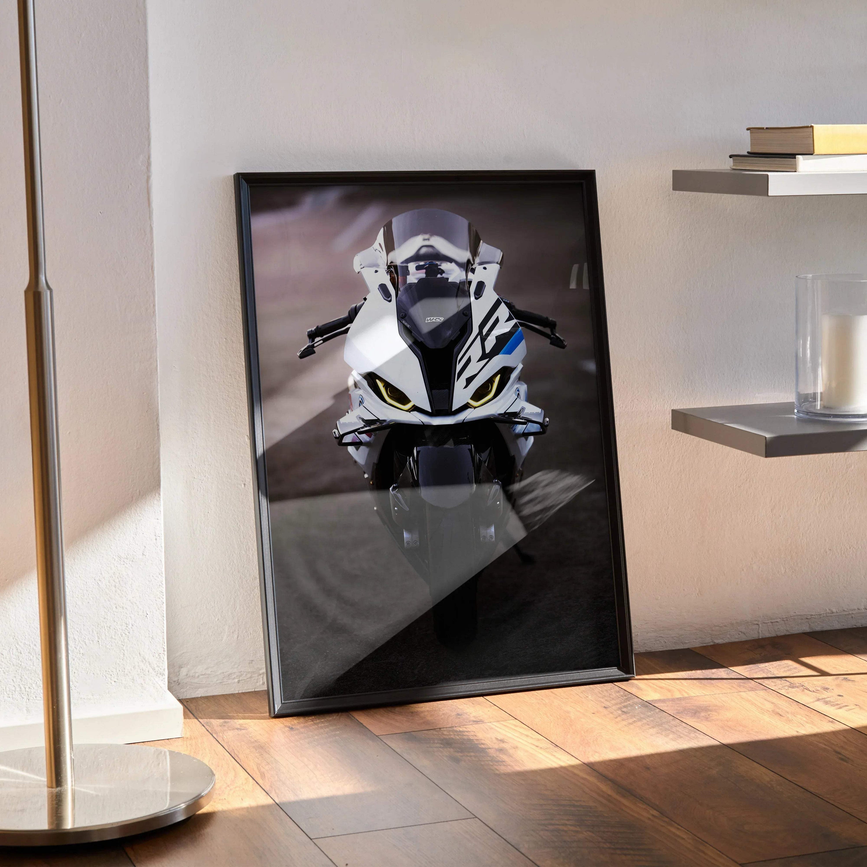 BMW S1000RR Drag Spec motorcycle poster with sleek white and black design displayed as wall art in modern room setting.