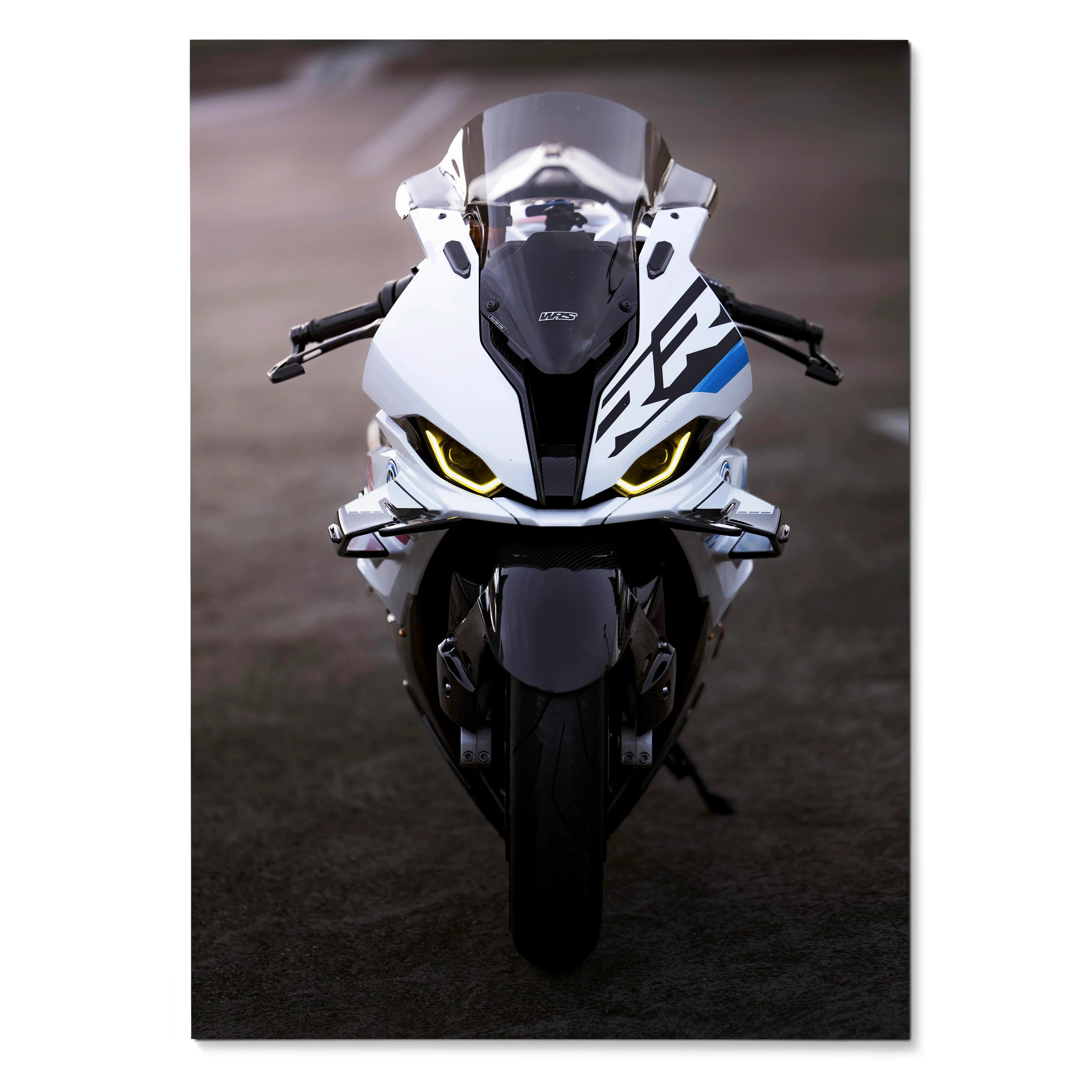 BMW S1000RR Drag Spec motorcycle front view with aggressive headlights poster wall art.
