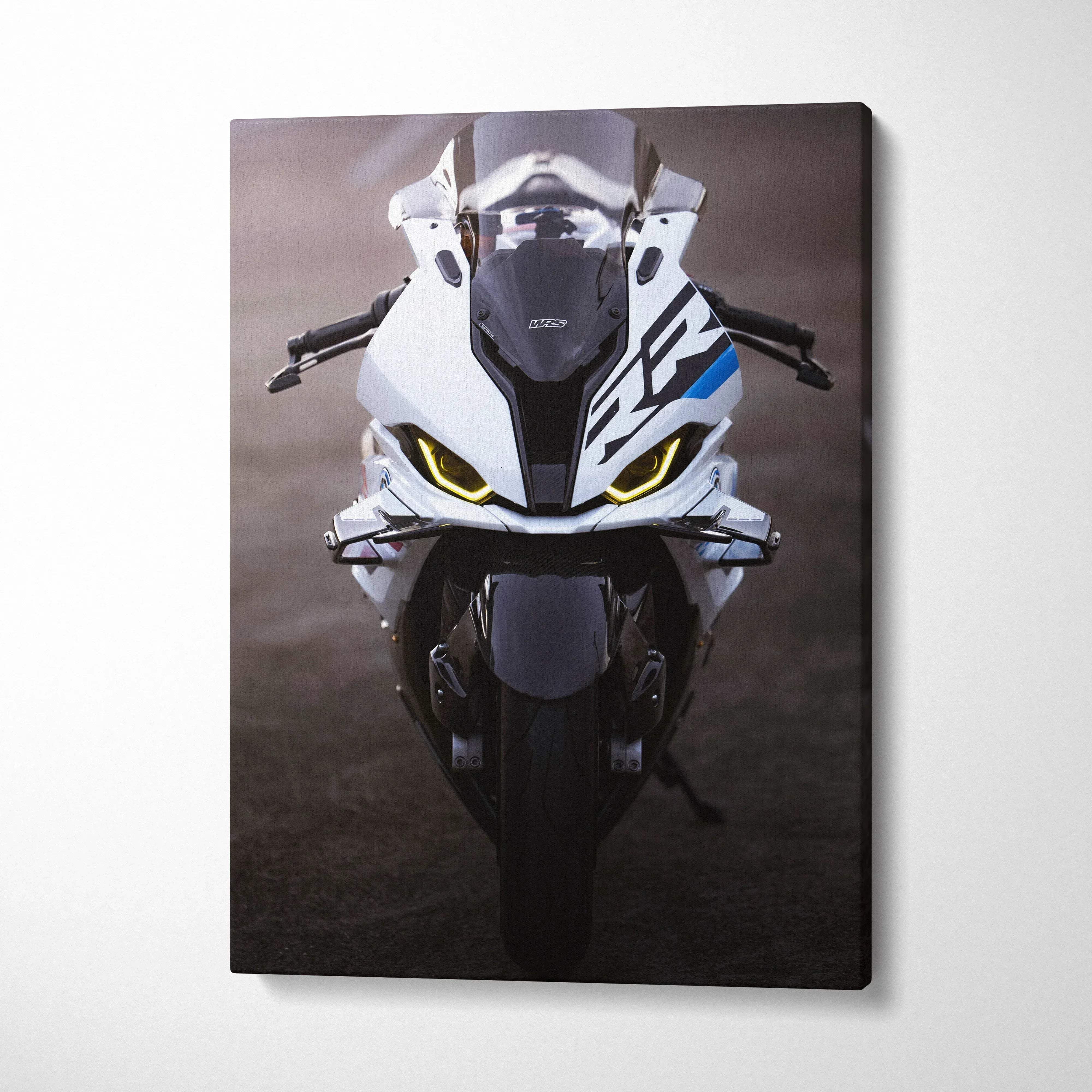 BMW S1000RR motorcycle close-up vertical canvas wall art with sharp yellow headlights.