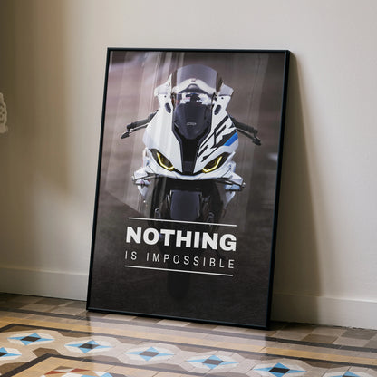BMW S1000RR Drag Spec motorcycle poster with motivational "Nothing Is Impossible" text wall art in black frame.