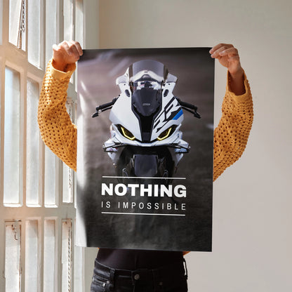 Motivational poster wall art featuring front view of BMW S1000RR drag spec motorcycle with "Nothing Is Impossible" text on.