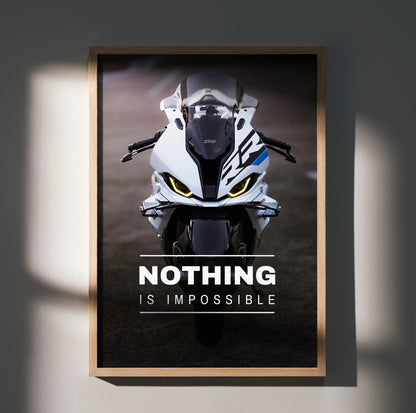BMW S1000RR Drag Spec motorcycle front view motivational poster wall art with "Nothing Is Impossible" text.