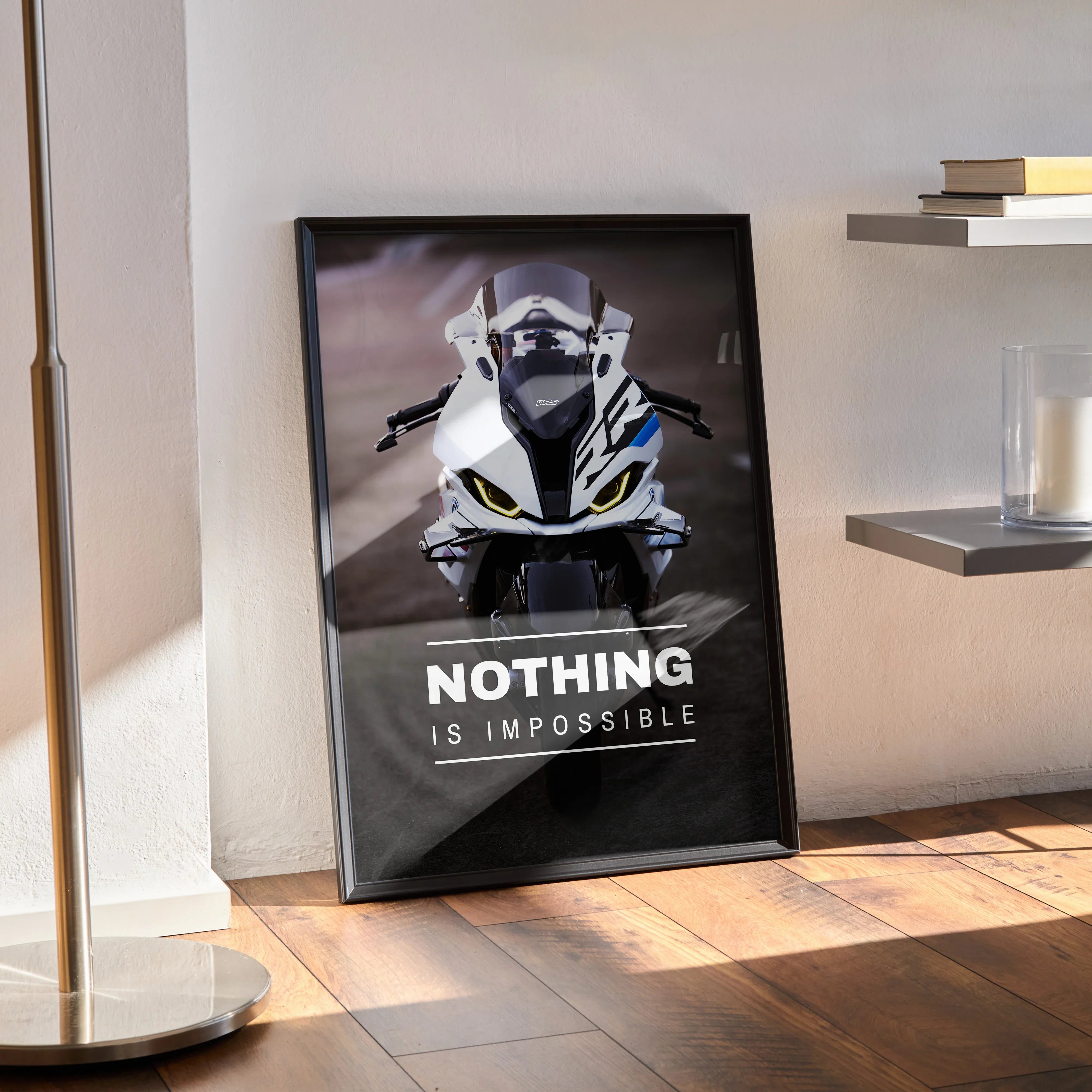Motivational poster wall art featuring BMW S1000RR drag spec motorcycle with "Nothing is Impossible" text in black frame.