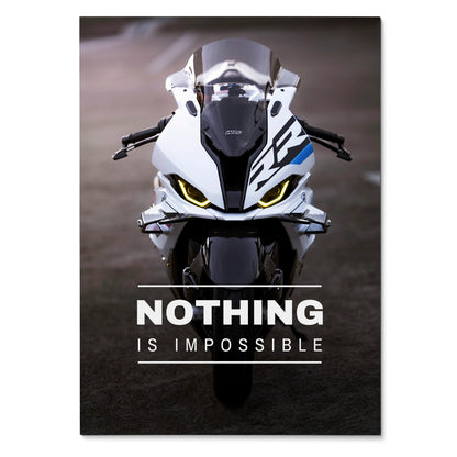 Motivational poster wall art featuring front view of BMW S1000RR motorcycle with "Nothing Is Impossible" text.