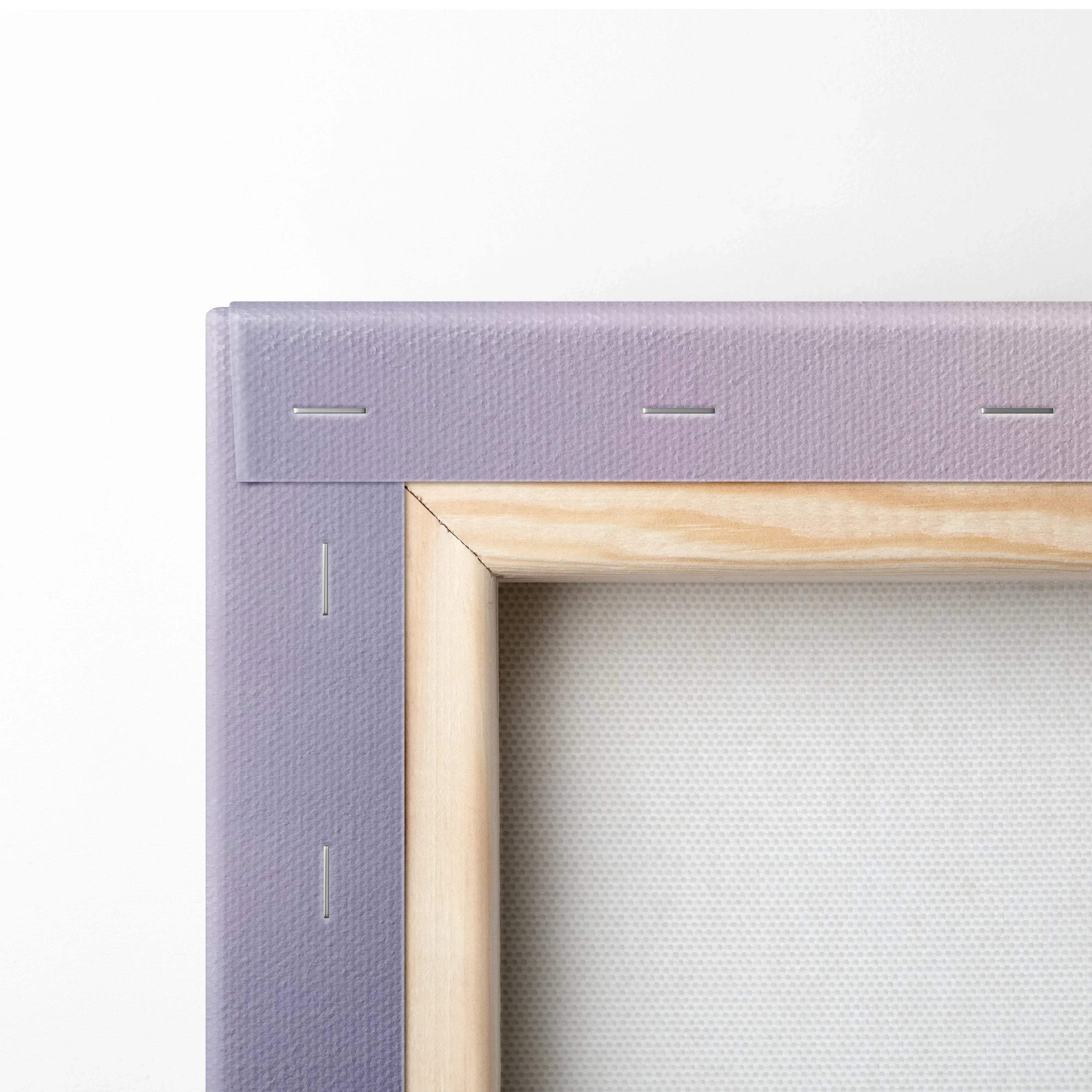 Close-up of corner stretched canvas with natural wood frame and purple edge, vertical wall art canvas print.