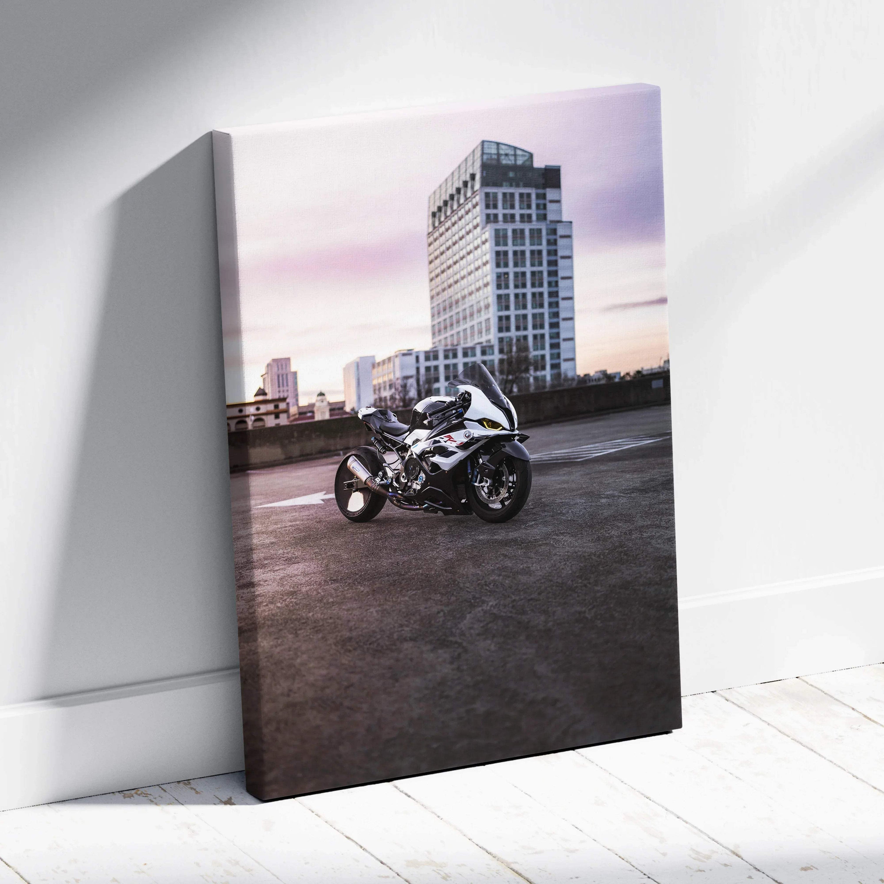 Vertical canvas wall art featuring BMW S1000RR motorcycle with city skyline background.