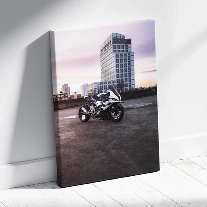 Vertical canvas wall art featuring BMW S1000RR motorcycle with city skyline background.