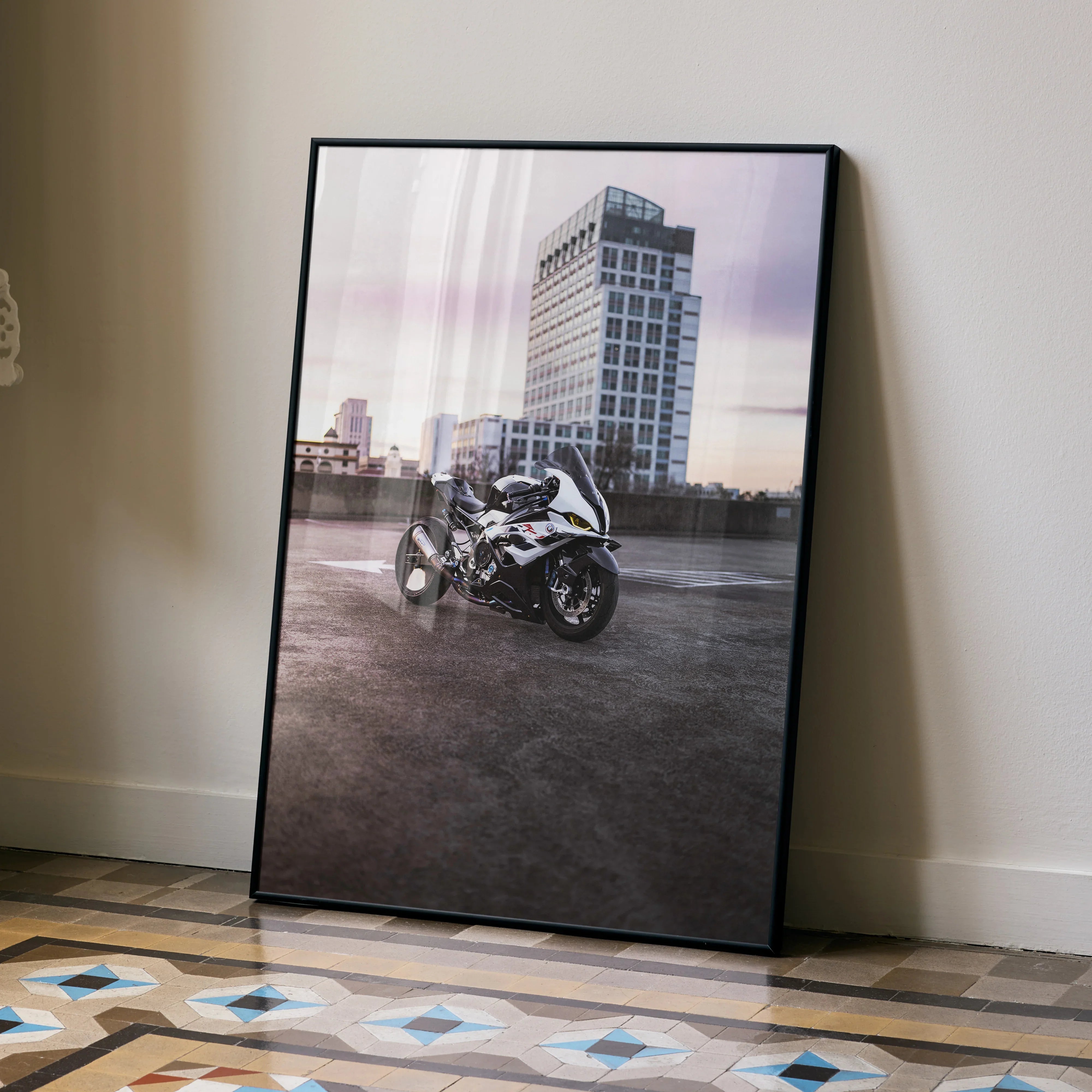 BMW S1000RR Drag Spec motorcycle poster with urban skyscraper background, modern wall art.