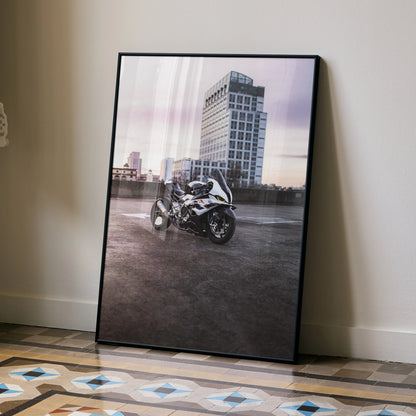 BMW S1000RR Drag Spec motorcycle poster with urban skyscraper background, modern wall art.