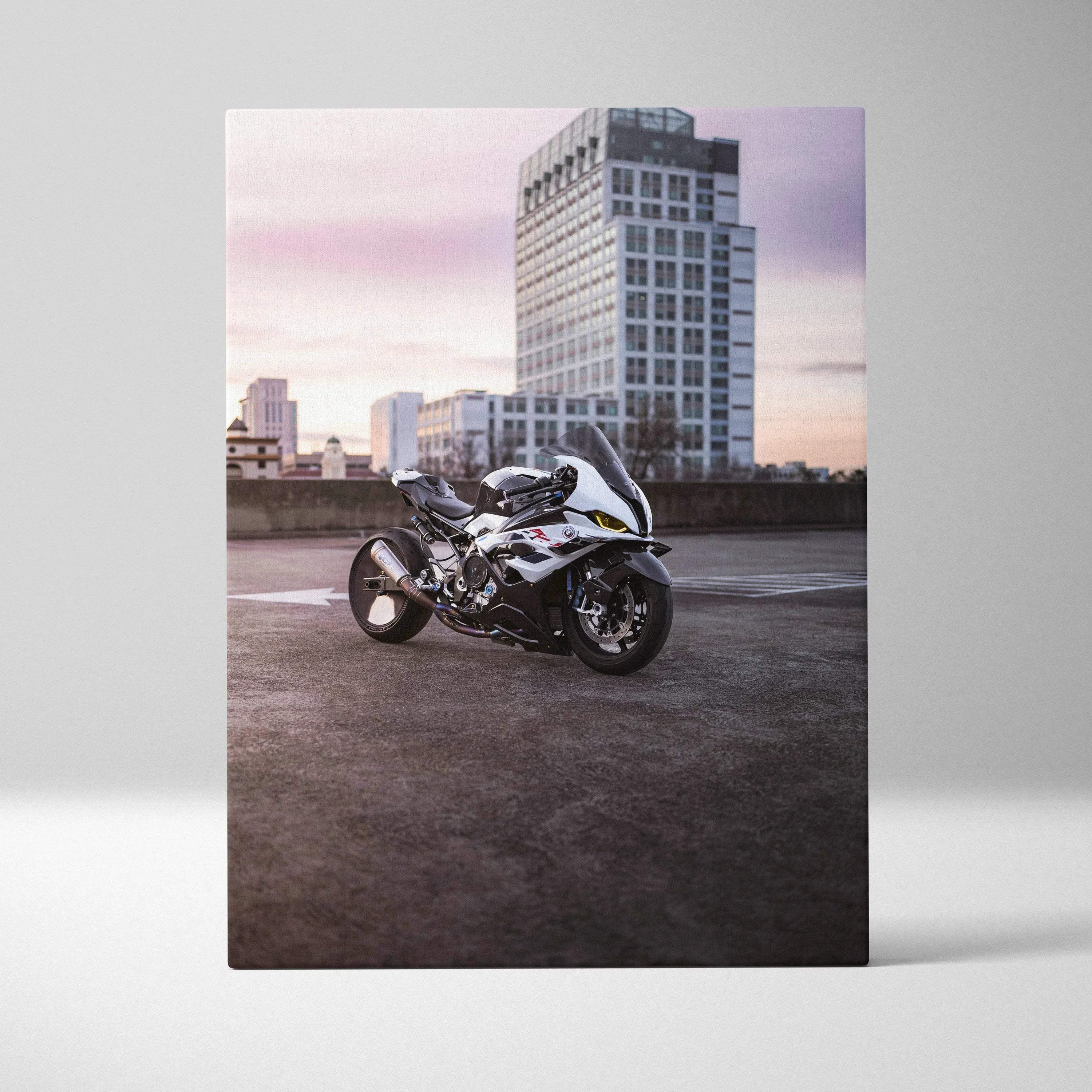 BMW S1000RR motorcycle on rooftop urban background canvas wall art print.