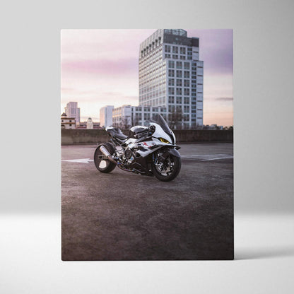 BMW S1000RR motorcycle on rooftop urban background canvas wall art print.